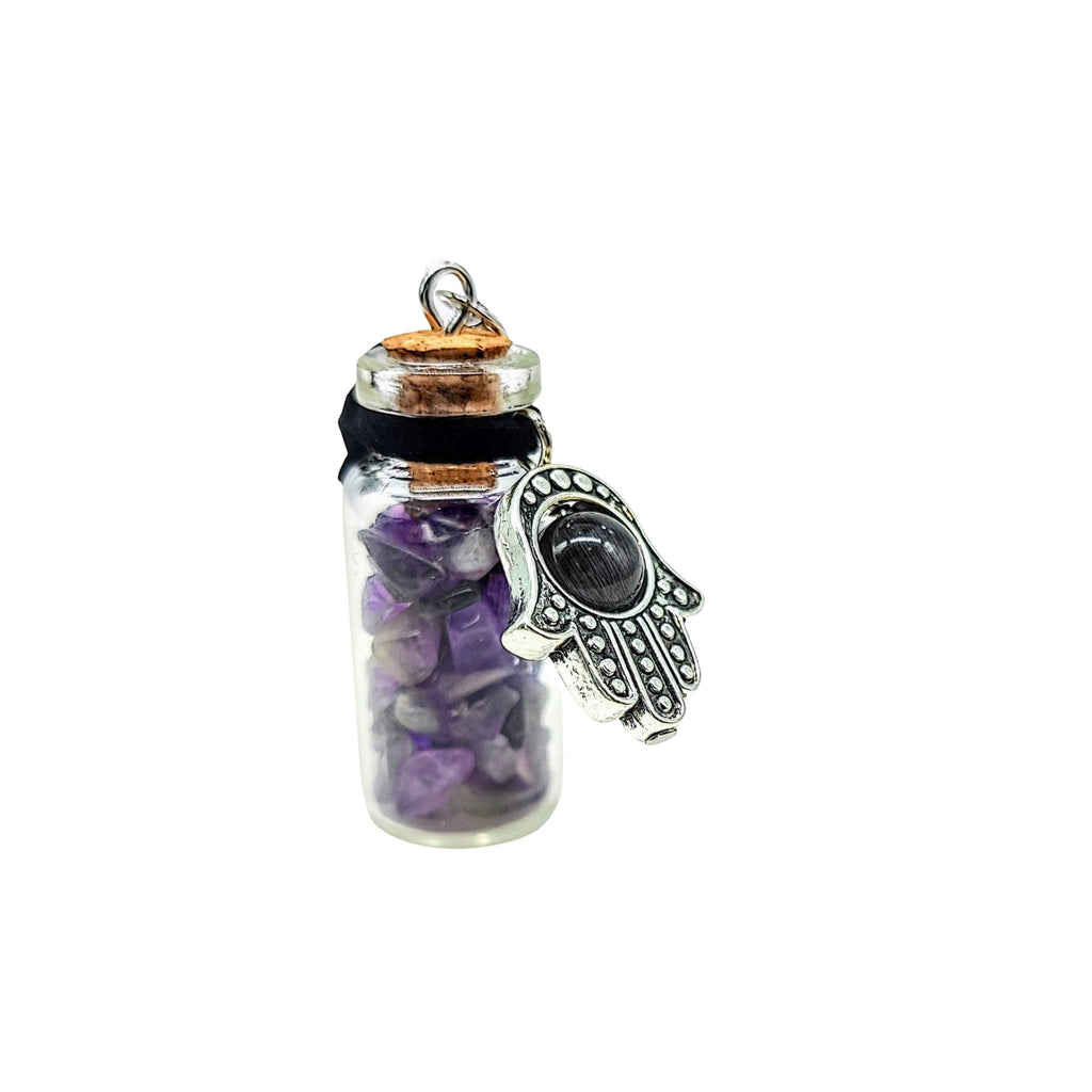 Necklace -Gemstone Chips & Fatima Hand -Large Glass Bottle Amethyst