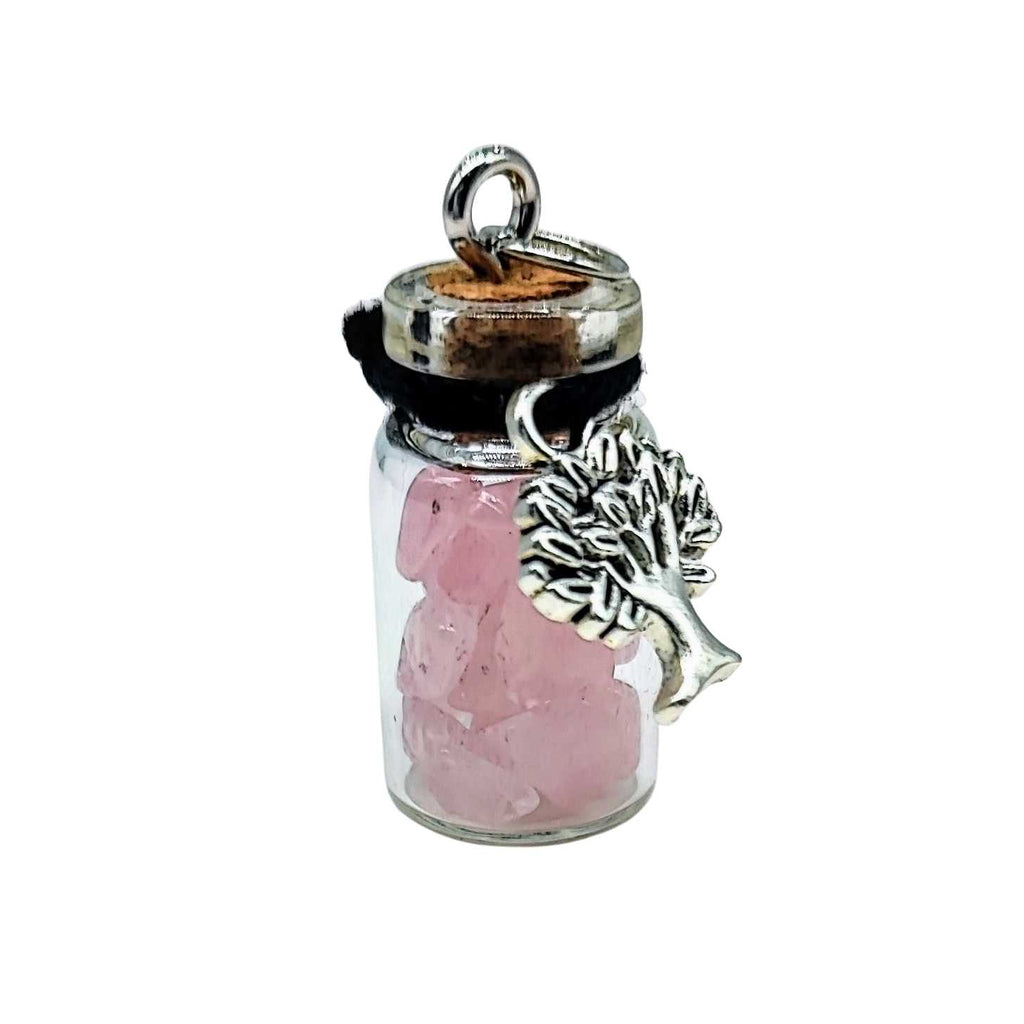 Necklace -Gemstone Chips & Tree of Life -Glass Bottle Rose Quartz