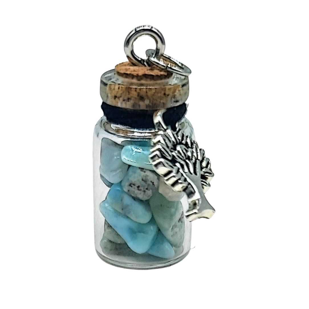 Necklace -Gemstone Chips & Tree of Life -Glass Bottle Larimar