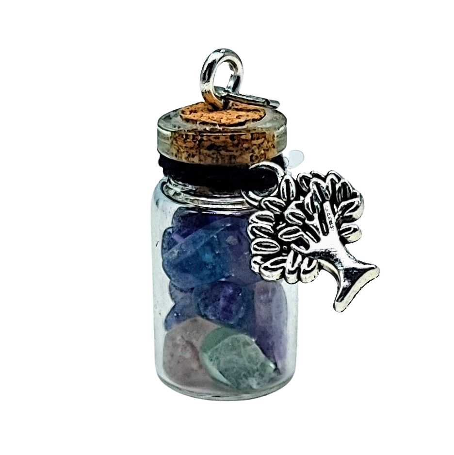 Necklace -Gemstone Chips & Tree of Life -Glass Bottle Fluorite