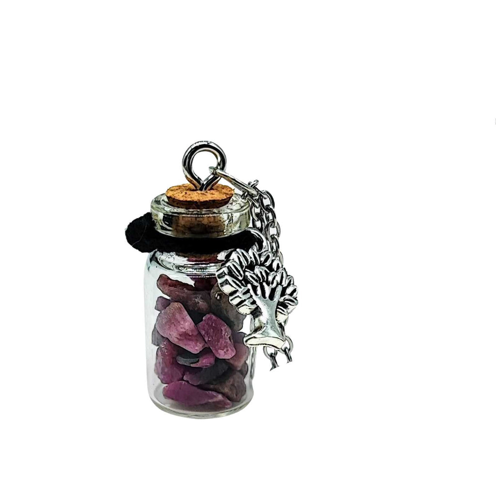 Necklace -Gemstone Chips & Tree of Life -Glass Bottle Rubis