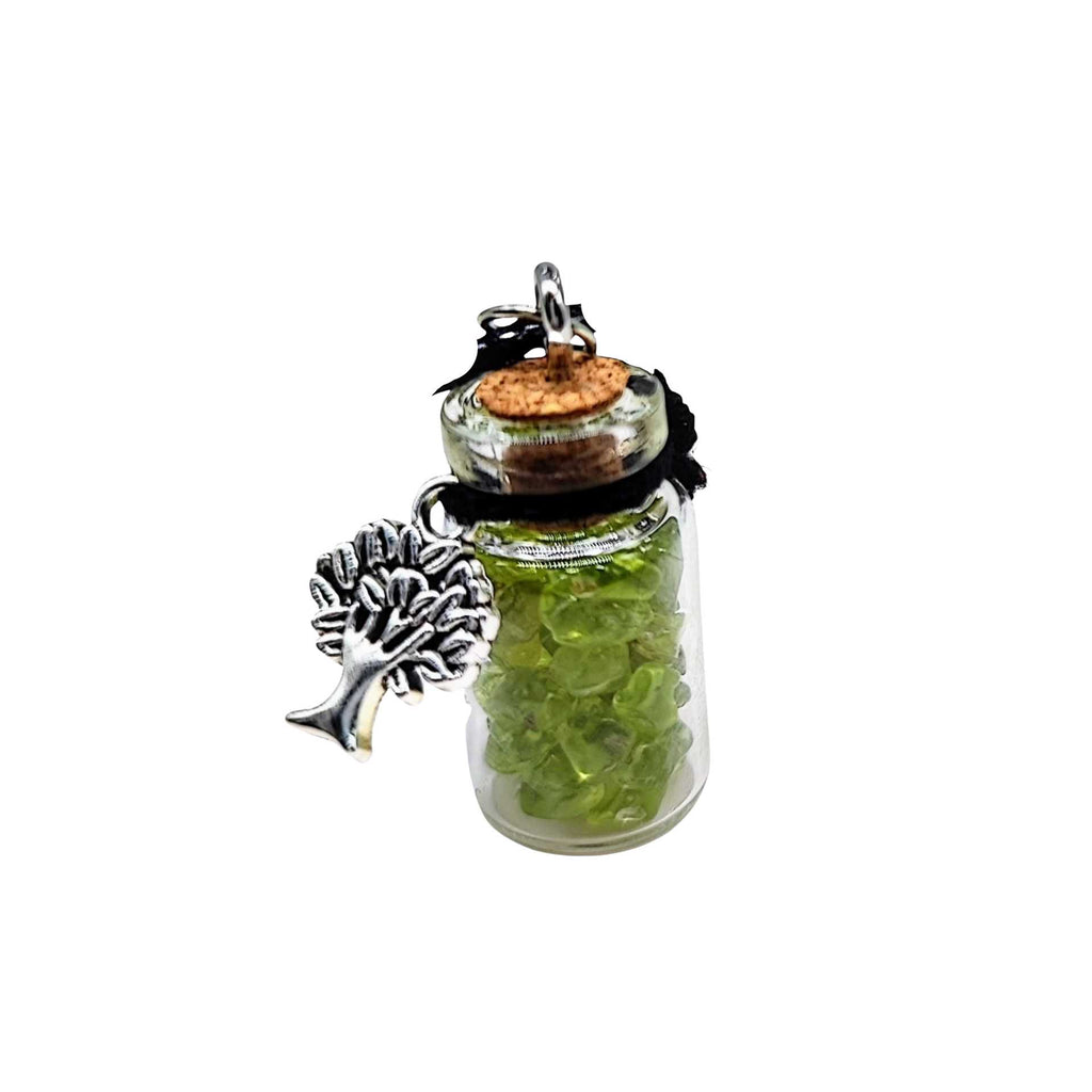 Necklace -Gemstone Chips & Tree of Life -Glass Bottle Peridot