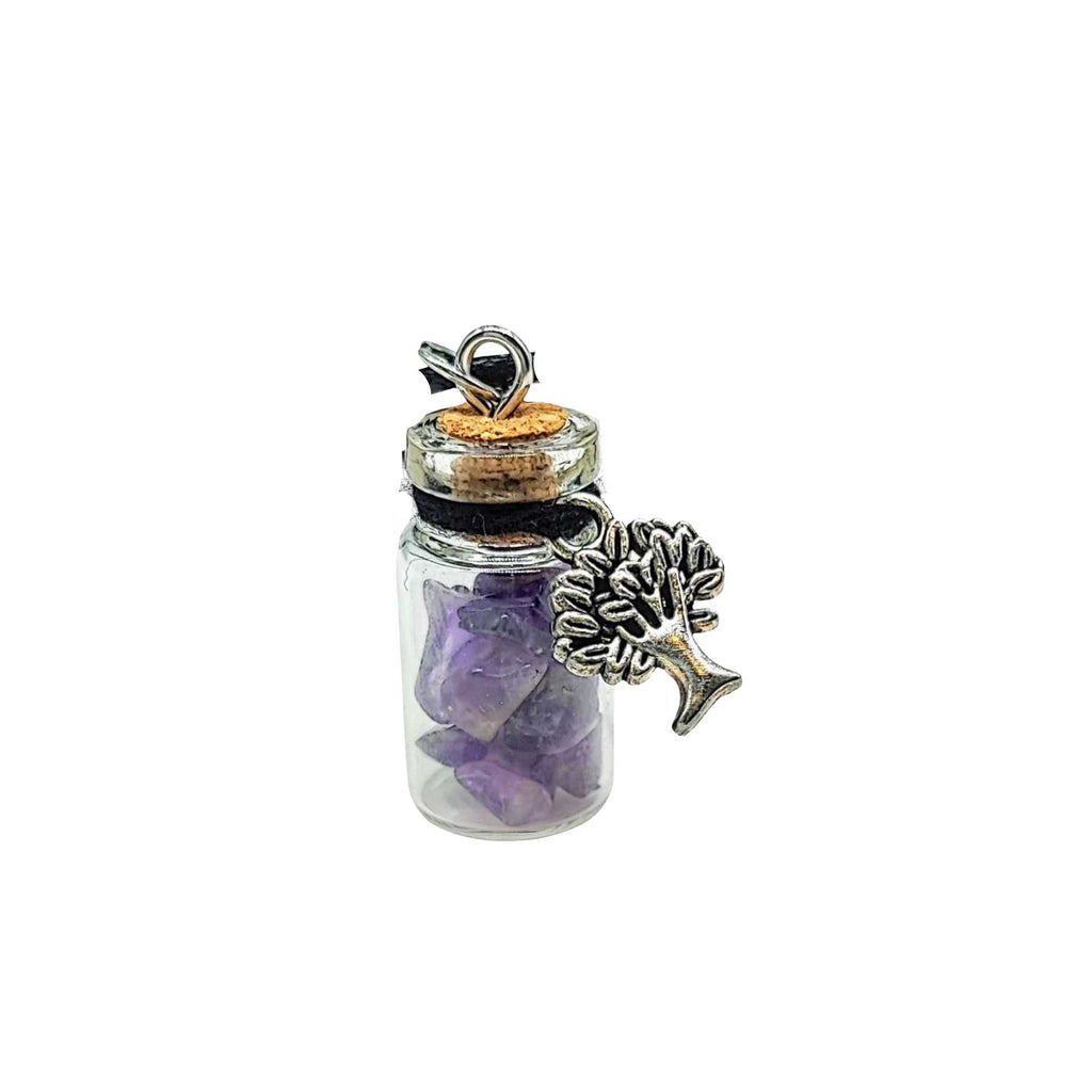 Necklace -Gemstone Chips & Tree of Life -Glass Bottle Amethyst