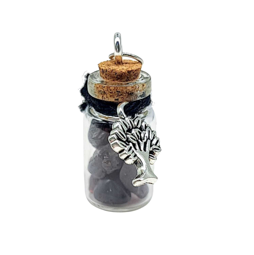 Necklace -Gemstone Chips & Tree of Life -Glass Bottle Garnet