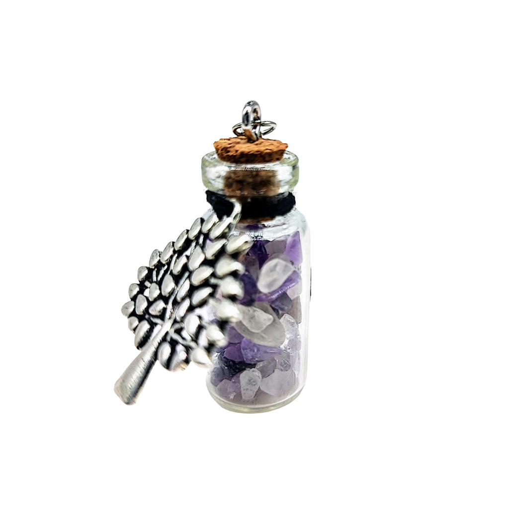 Necklace -Gemstone Chips & Tree of Life -Large Glass Bottle Amethyst