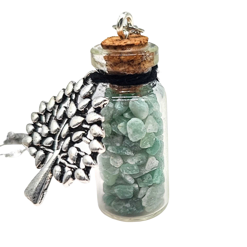 Necklace -Gemstone Chips & Tree of Life -Large Glass Bottle Green Aventurine