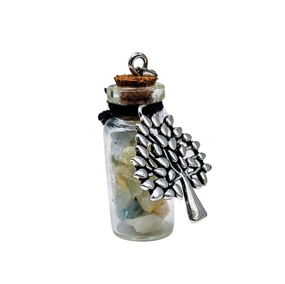 Necklace -Gemstone Chips & Tree of Life -Large Glass Bottle Aquamarine