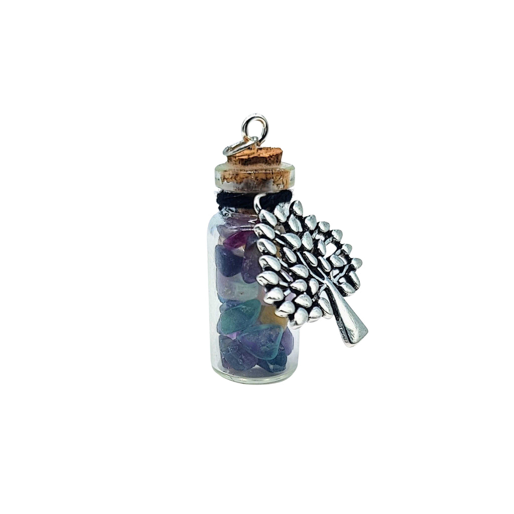 Necklace -Gemstone Chips & Tree of Life -Large Glass Bottle Fluorite