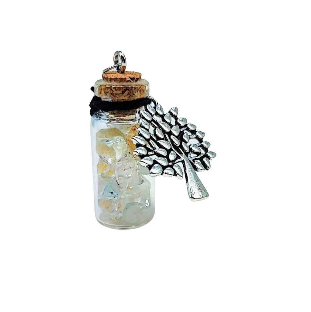 Necklace -Gemstone Chips & Tree of Life -Large Glass Bottle Topaz Natural