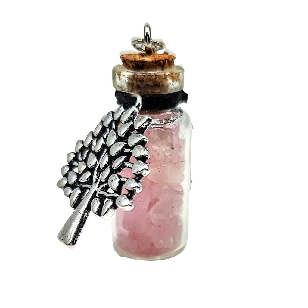 Necklace -Gemstone Chips & Tree of Life -Large Glass Bottle Rose Quartz