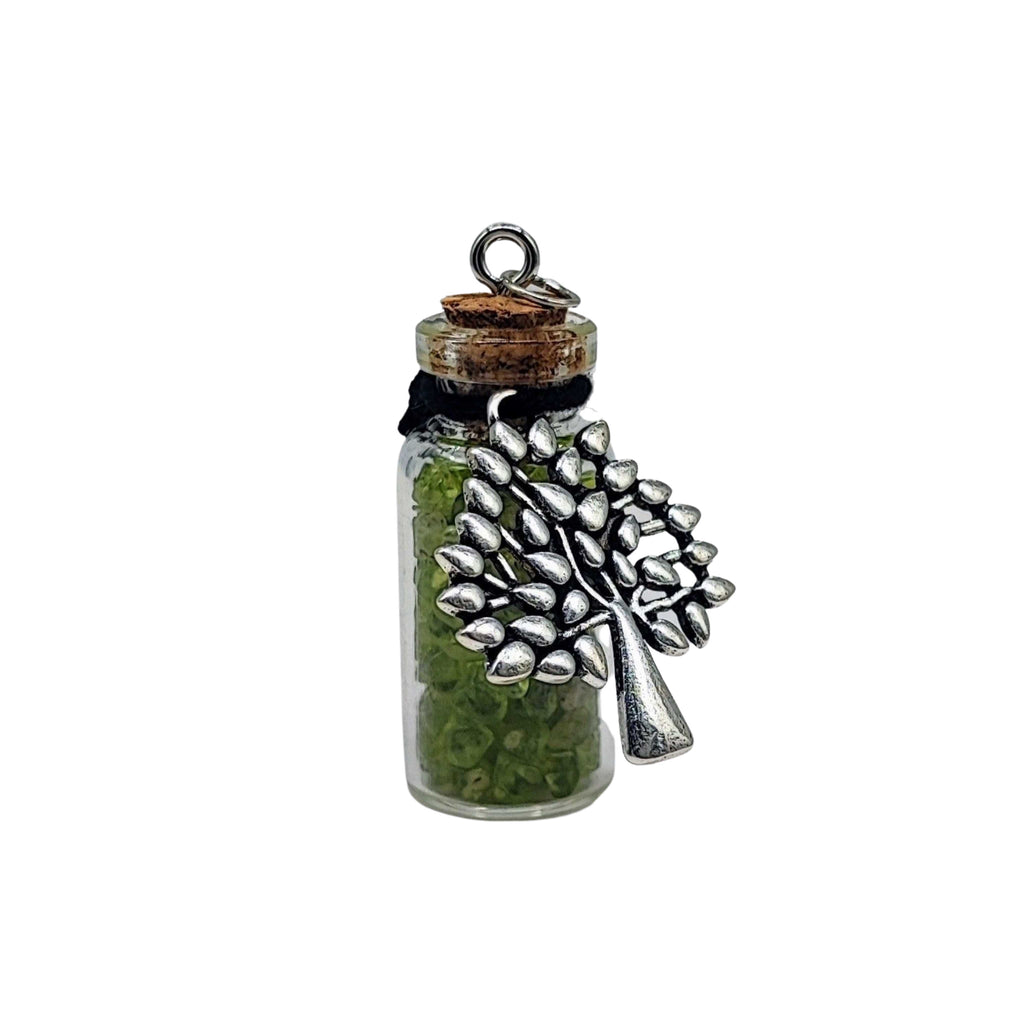 Necklace -Gemstone Chips & Tree of Life -Large Glass Bottle Peridot