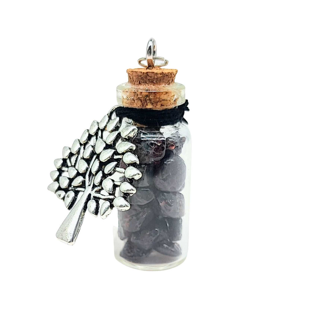 Necklace -Gemstone Chips & Tree of Life -Large Glass Bottle Garnet