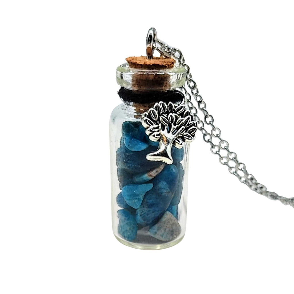 Necklace -Gemstone Chips & Tree of Life -Large Glass Bottle Apatite