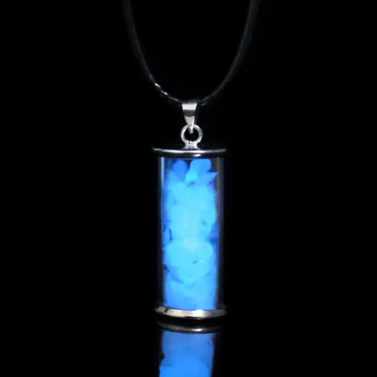 Necklace -Glass Bottle with Luminaries Stone -Glow In The Dark Blue Cornflower