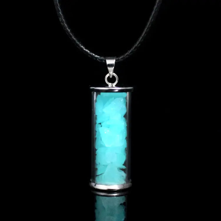 Necklace -Glass Bottle with Luminaries Stone -Glow In The Dark Cyan