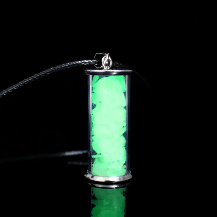 Necklace -Glass Bottle with Luminaries Stone -Glow In The Dark Light Green