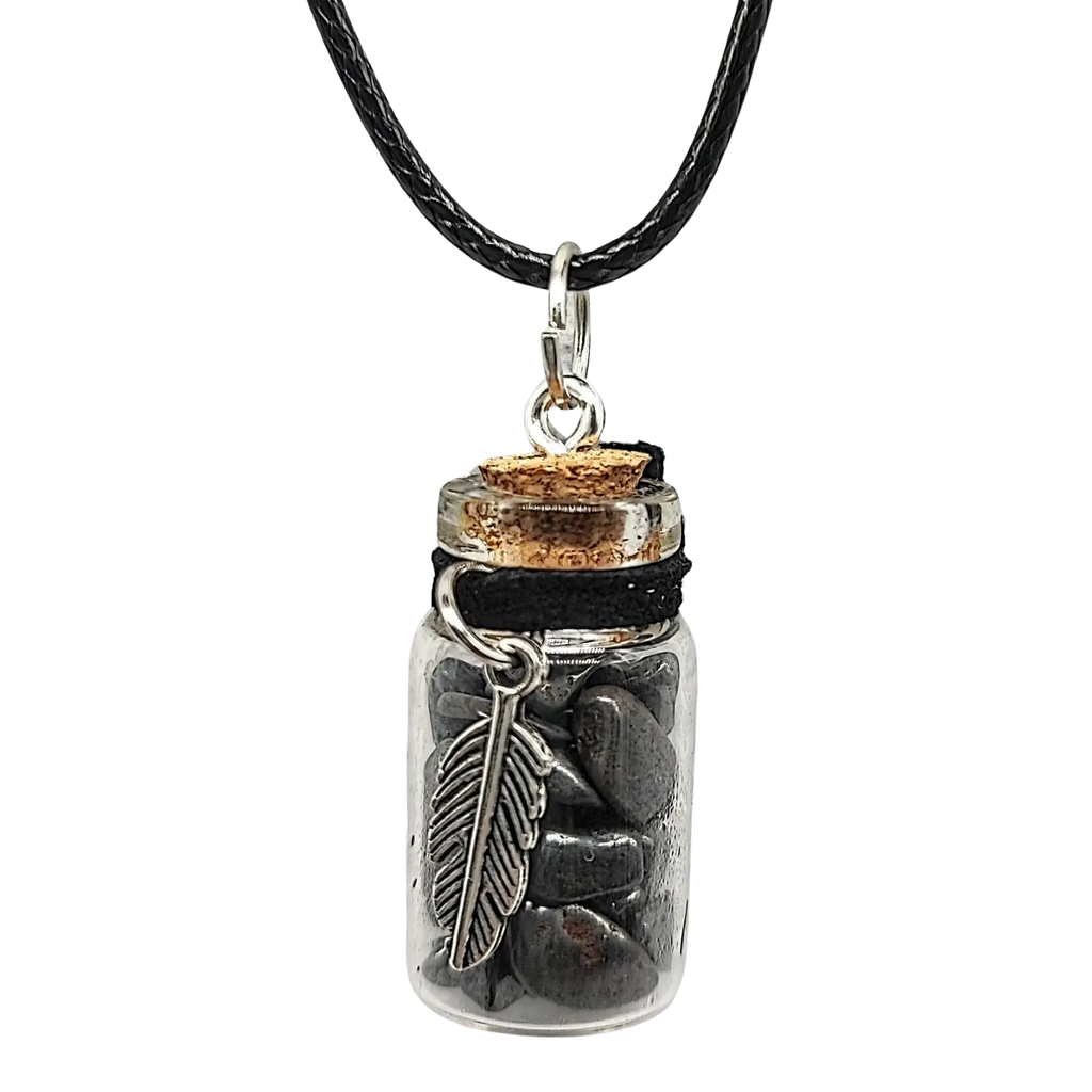 Necklace -Hematite- Feather Charm-Glass Bottle -Bottle -Aromes Evasions 