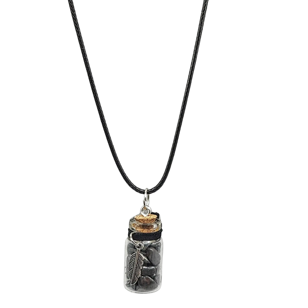 Necklace -Hematite- Feather Charm -Glass Bottle