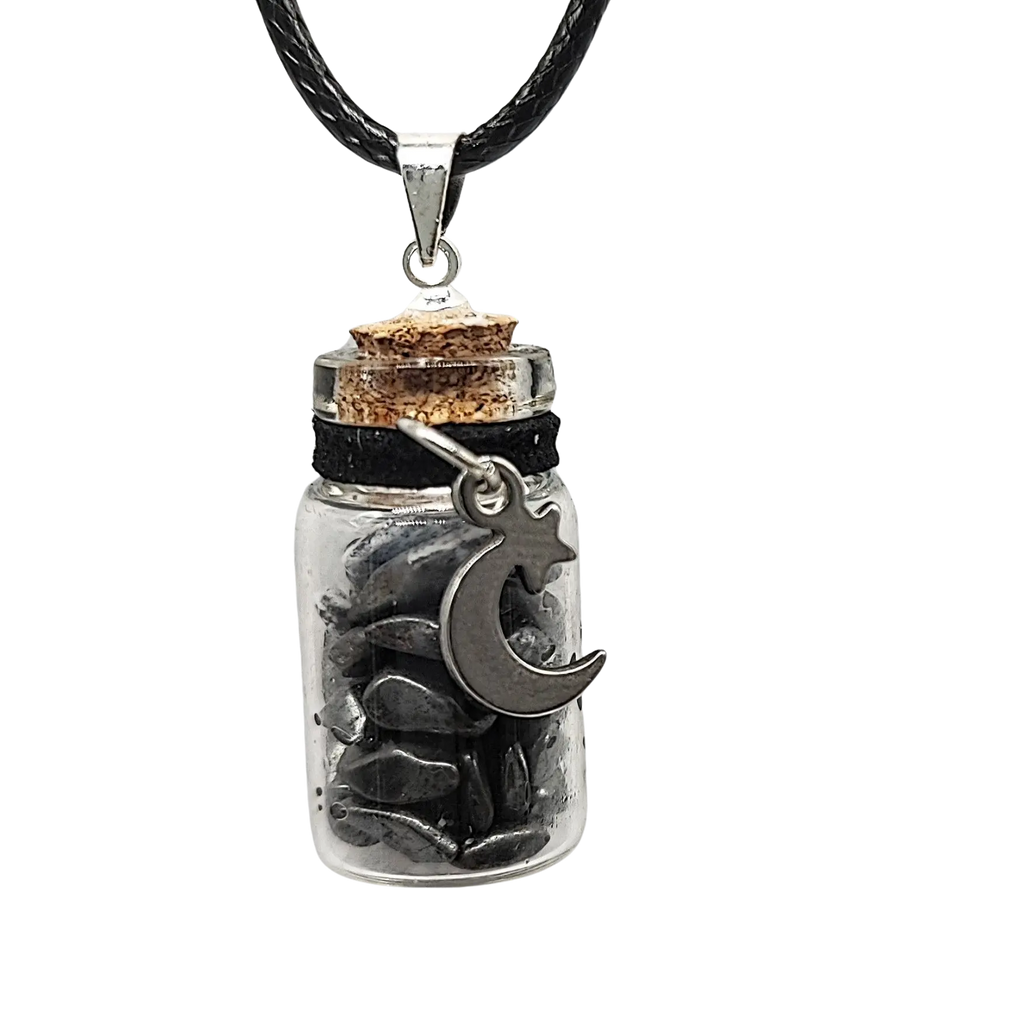 Necklace -Hematite- Moon Charm -Glass Bottle