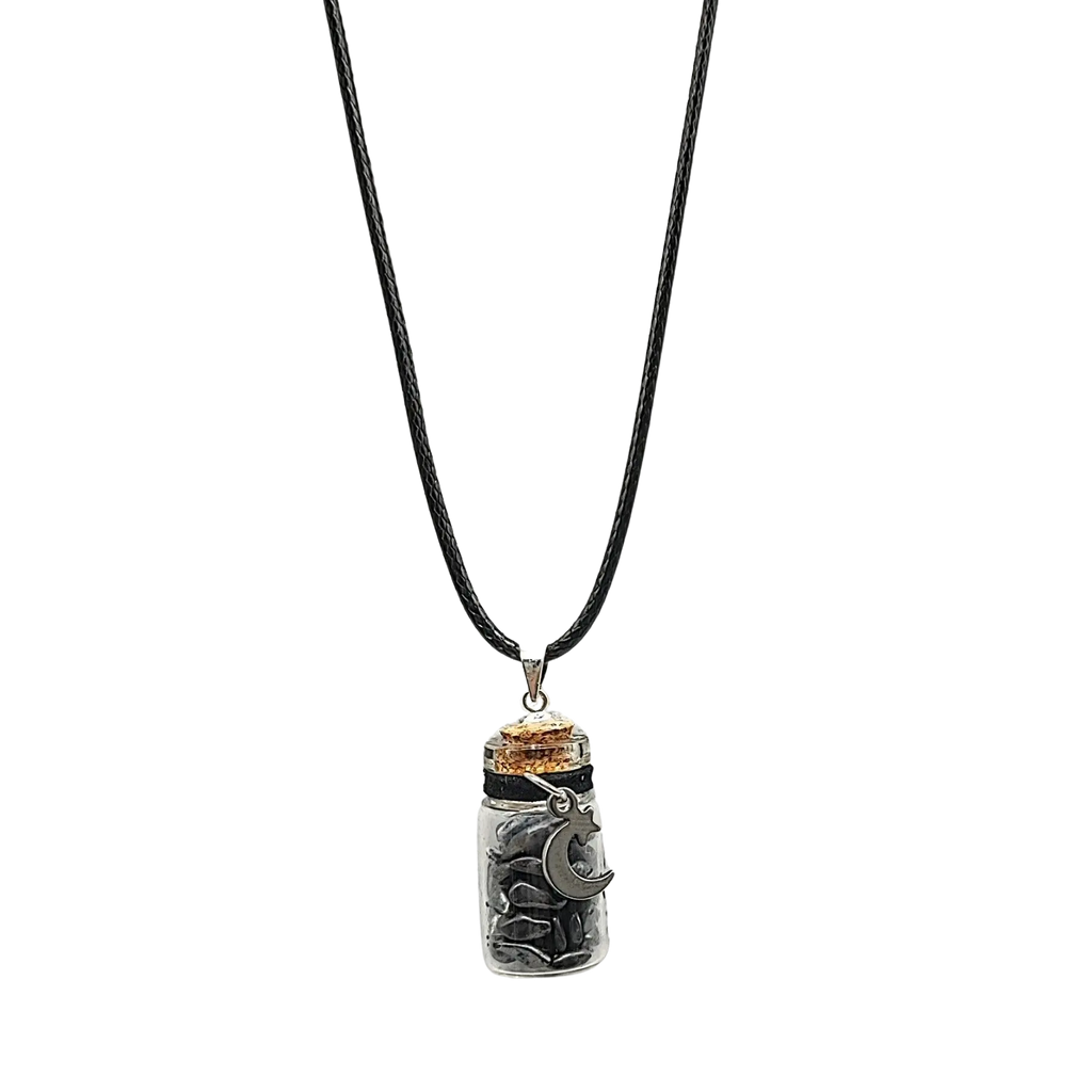 Necklace -Hematite- Moon Charm -Glass Bottle