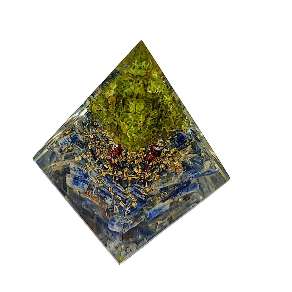 Pyramid -Orgonite -Blue Kyanite Gemstones -Peridot Tree
