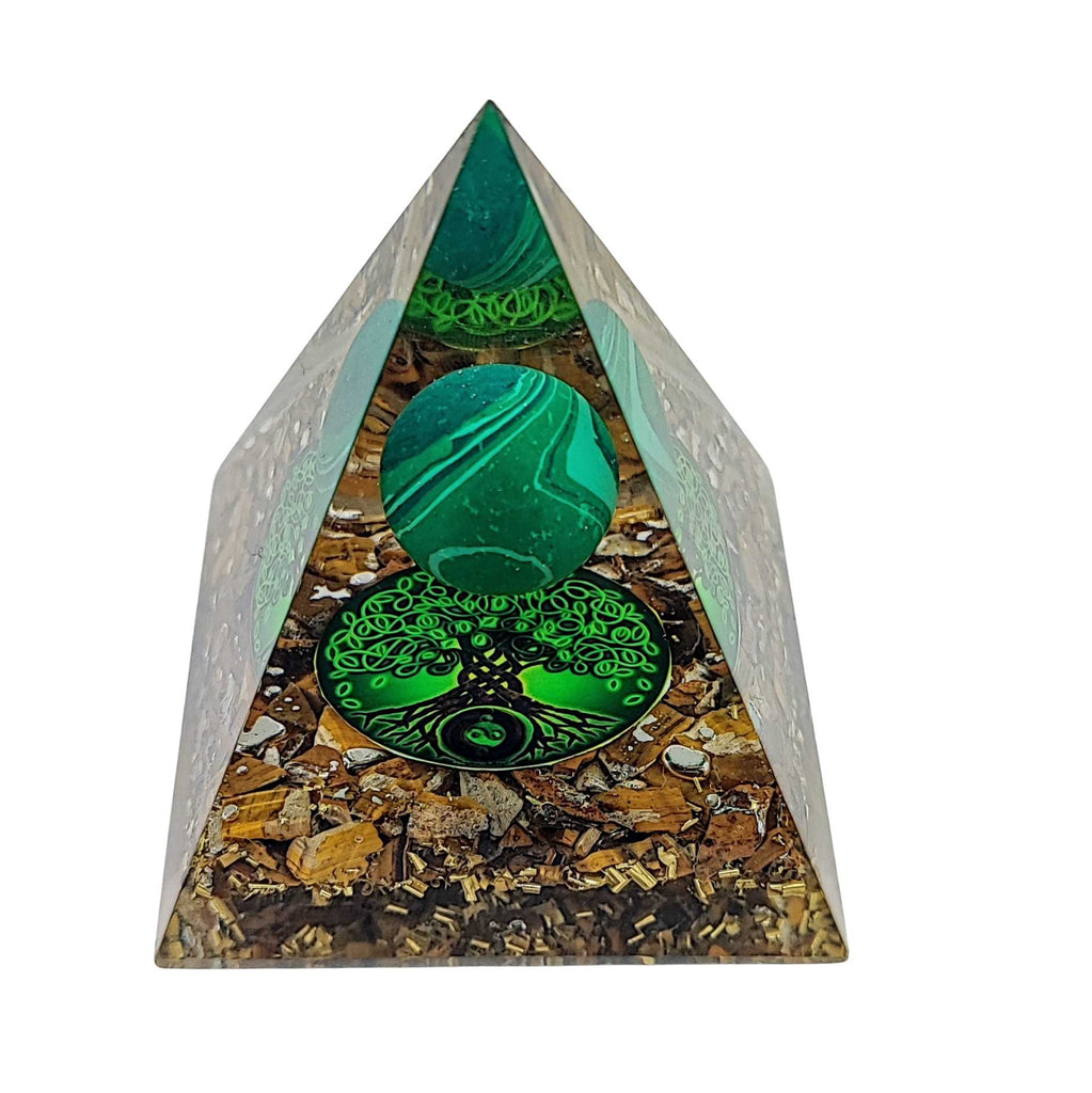 Pyramid -Orgonite -Tiger Eye Gemstones -Malachite Sphere -Pyramid -Aromes Evasions 
