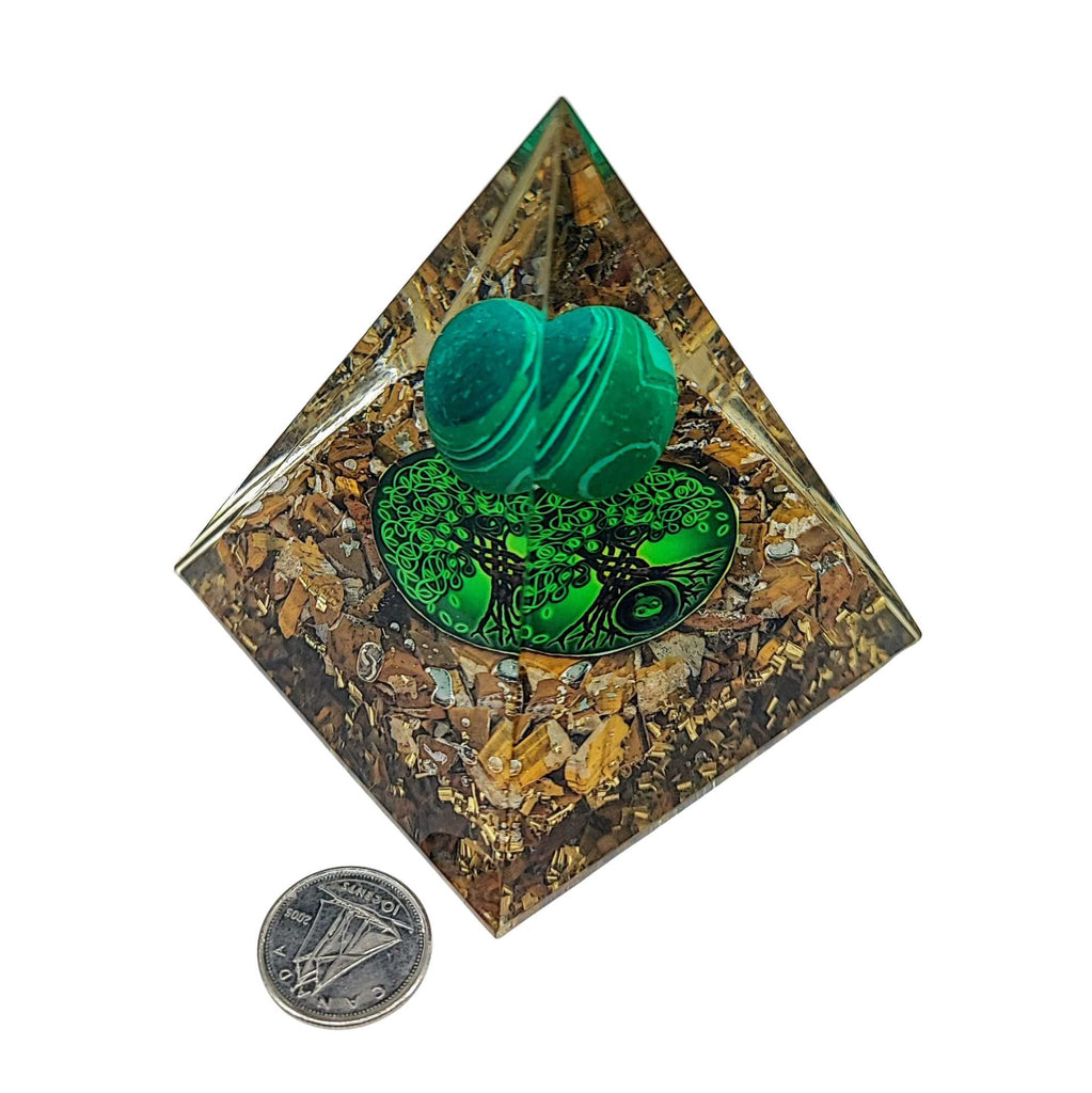 Pyramid -Orgonite -Tiger Eye Gemstones -Malachite Sphere